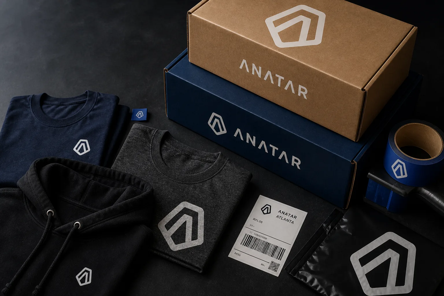 Anatar branded shipping boxes, folded tees, and packing materials
