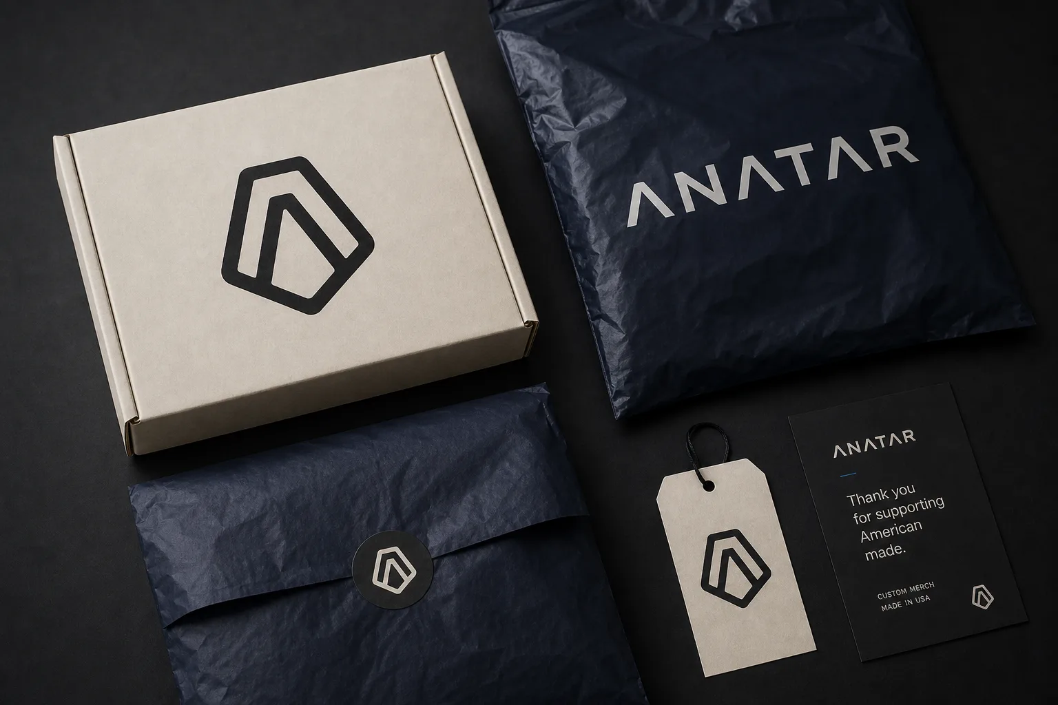 Anatar custom packaging: branded box, poly mailer, tissue, and insert card