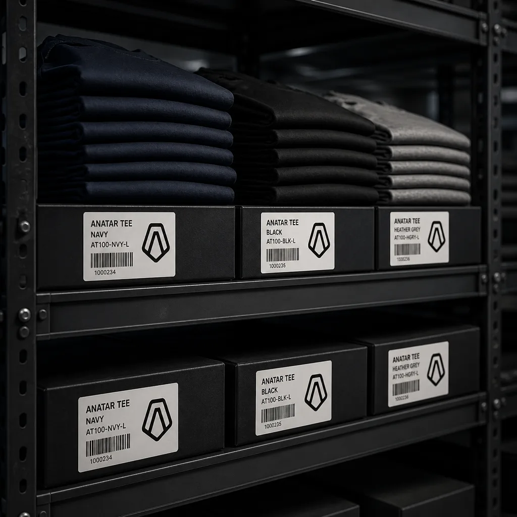 Folded apparel inventory on steel racking with Anatar carton labels