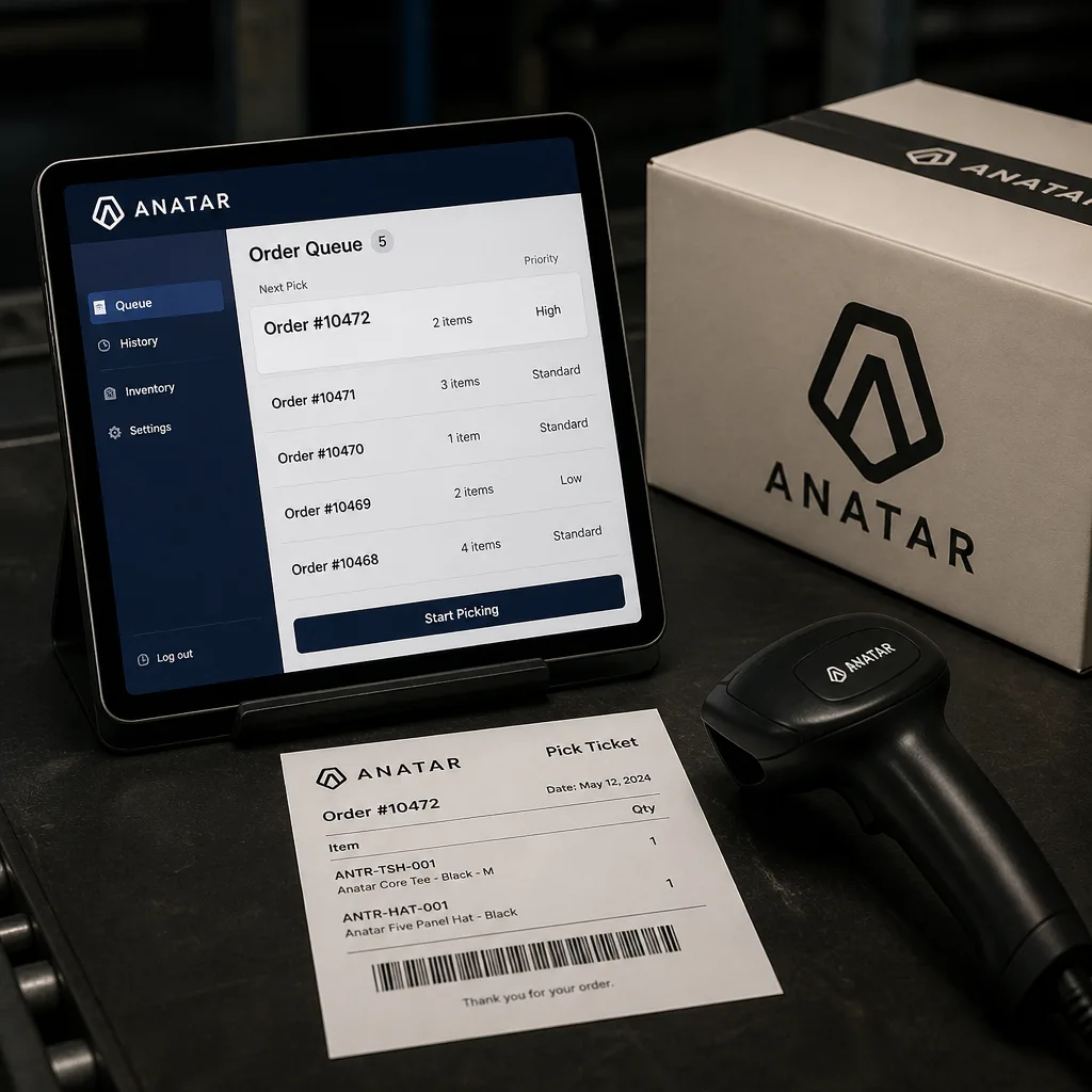 Tablet showing an Anatar fulfillment order queue on a packing bench