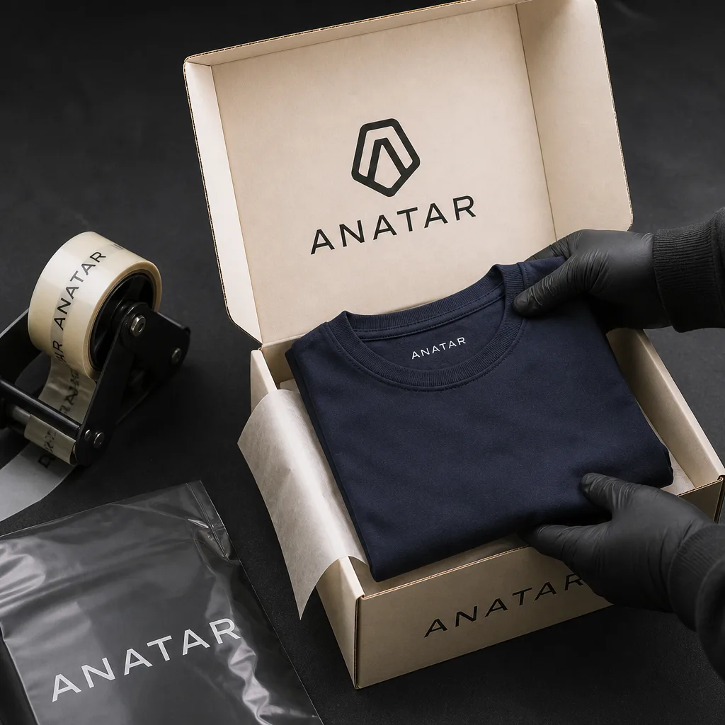 Packing a navy tee into an Anatar branded shipping box