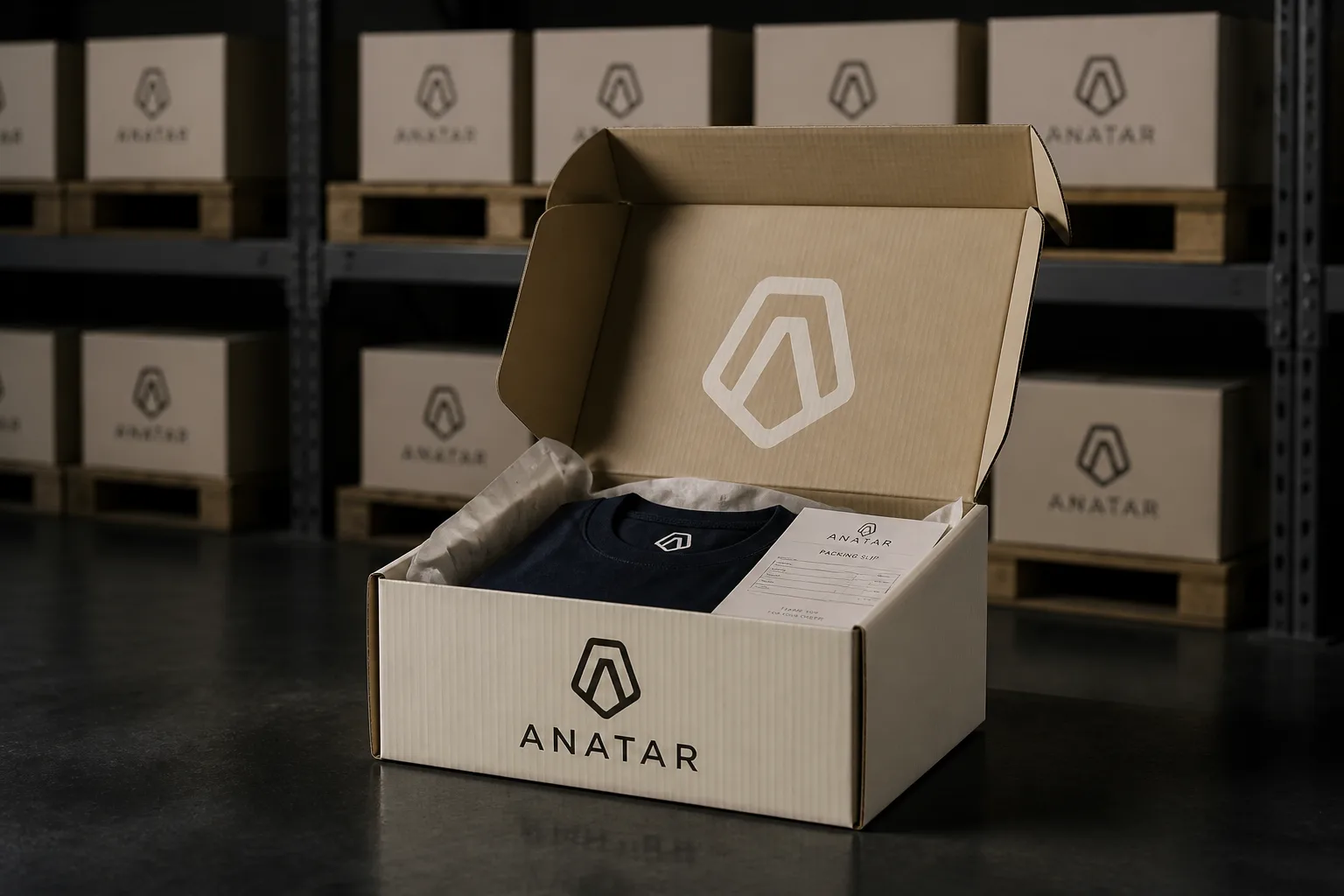 Open Anatar shipping box packed with a navy tee, warehouse racking behind